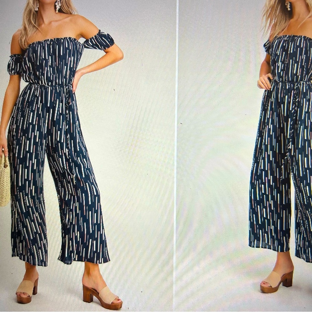 LULU'S 'True Radiance' Off Shoulder Cropped Jumpsuit, Blue/Multi Size S …
